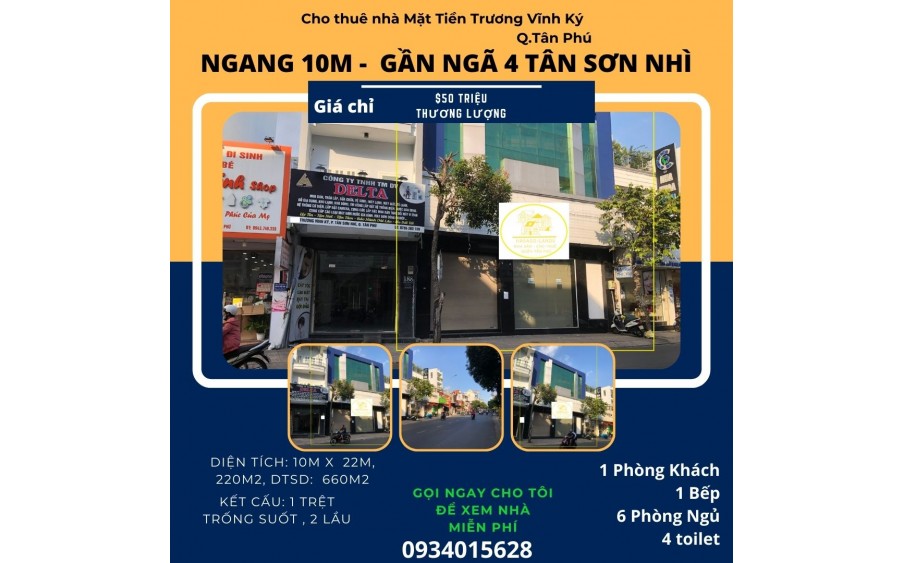 Cho thuê nhà Mặt Tiền Trương Vĩnh Ký 220m2, 2Lầu,50 triệu, NGANG 10M